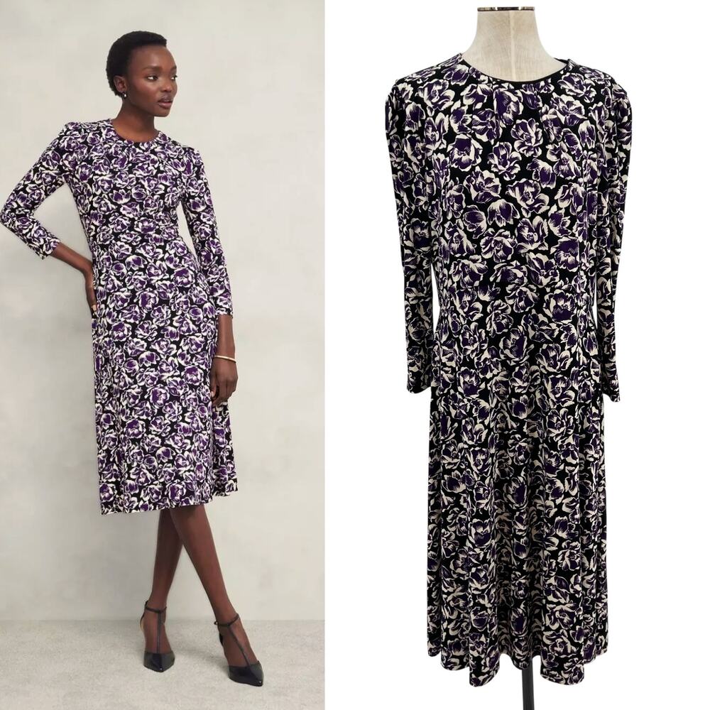 Hobbs London Paige Floral Jersey Dress Purple Black Long Sleeve Midi US 12